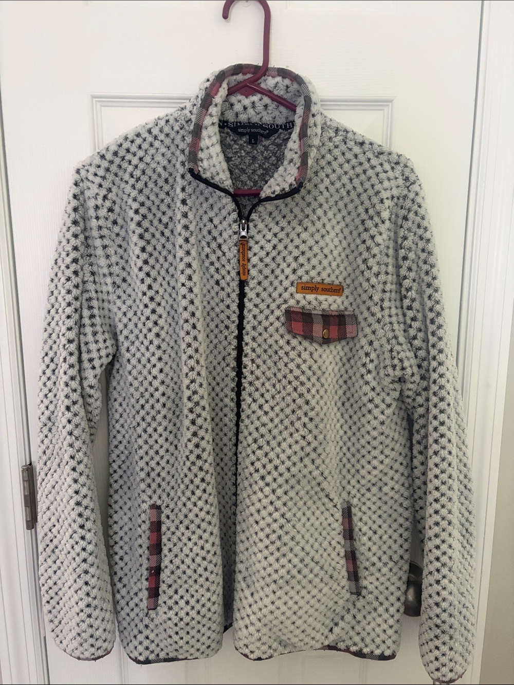 Simply Southern Cream Textured Zip Jacket with Red Plaid Trim